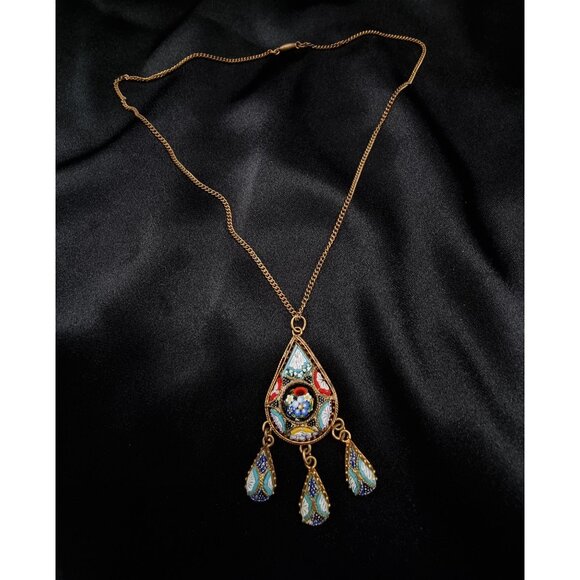 Vintage 1920s-1940s Gold-Tone Millefiori Mosaic Pendant Necklace With Teardrop C - Picture 2 of 7